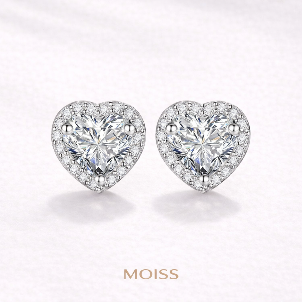 Amelia Heart Halo Moissanite Stud Earrings