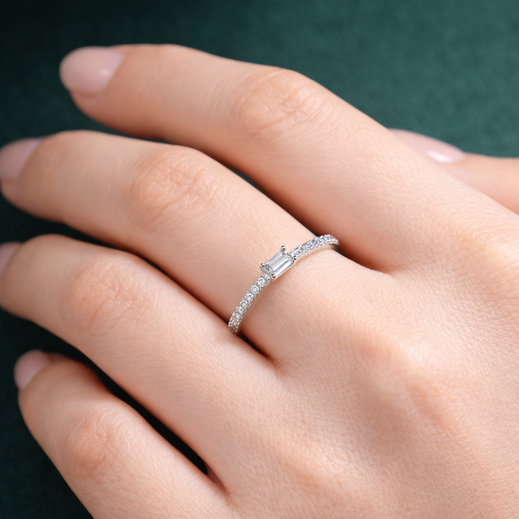 Rectangular Cut Zirconia Pave Ring in 925 Sterling Silver