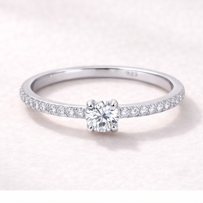 Solitaire Pave Ring with Round CZ in 925 Sterling Silver